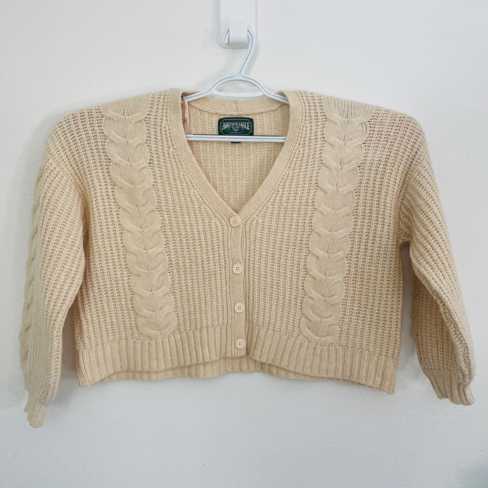 American Eagle Wool Blend Chunky Cable Knit Crop Cardigan Button Up Sweater XL